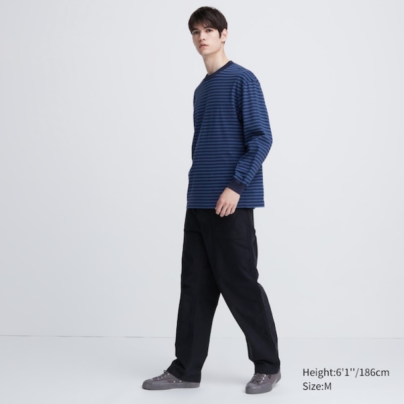 Uniqlo Washed Bomull Oversized Crew Neck Long-Sleeve T-skjorte Herre Blå | 7321-VECDY